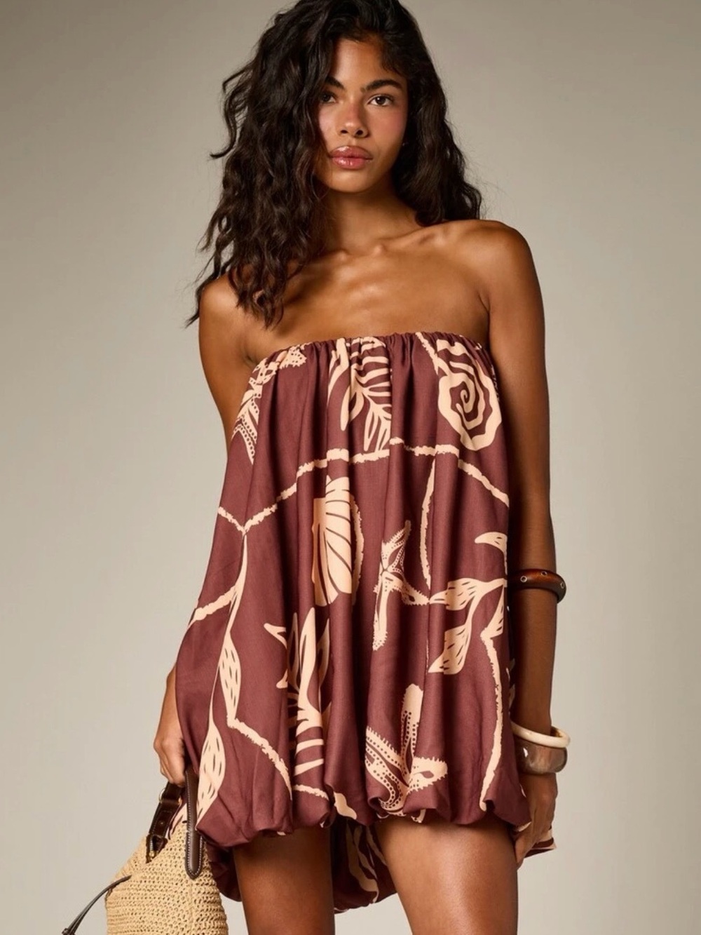 Strapless Brown Floral Print Women's Bubble Dress